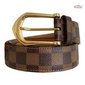 Authentic Louis Vuitton Brown Damier Ebene Riveted Gold Buckle Belt Size 90/36